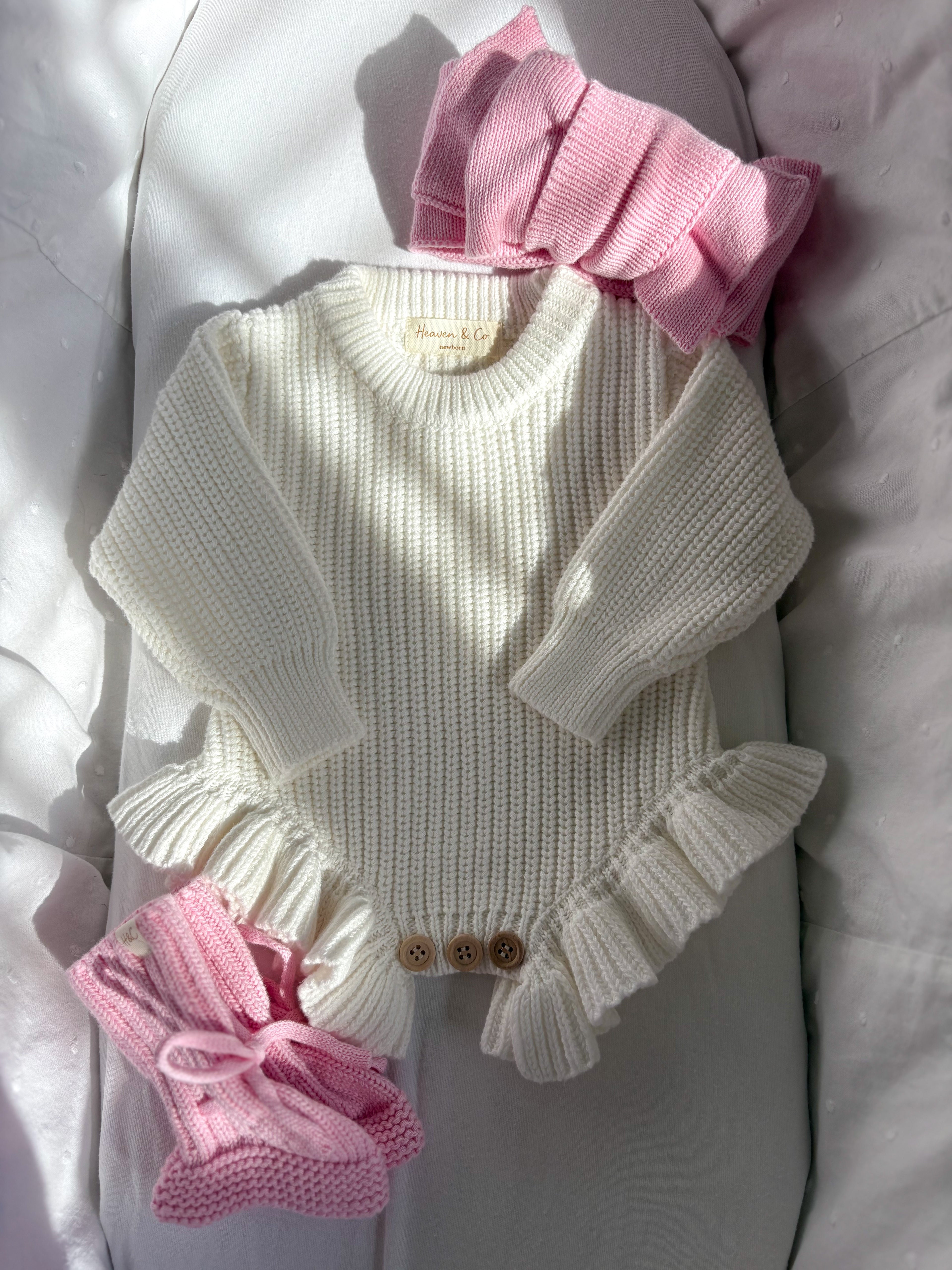 Knitted Frill Baby Romper Set - Blush Pink