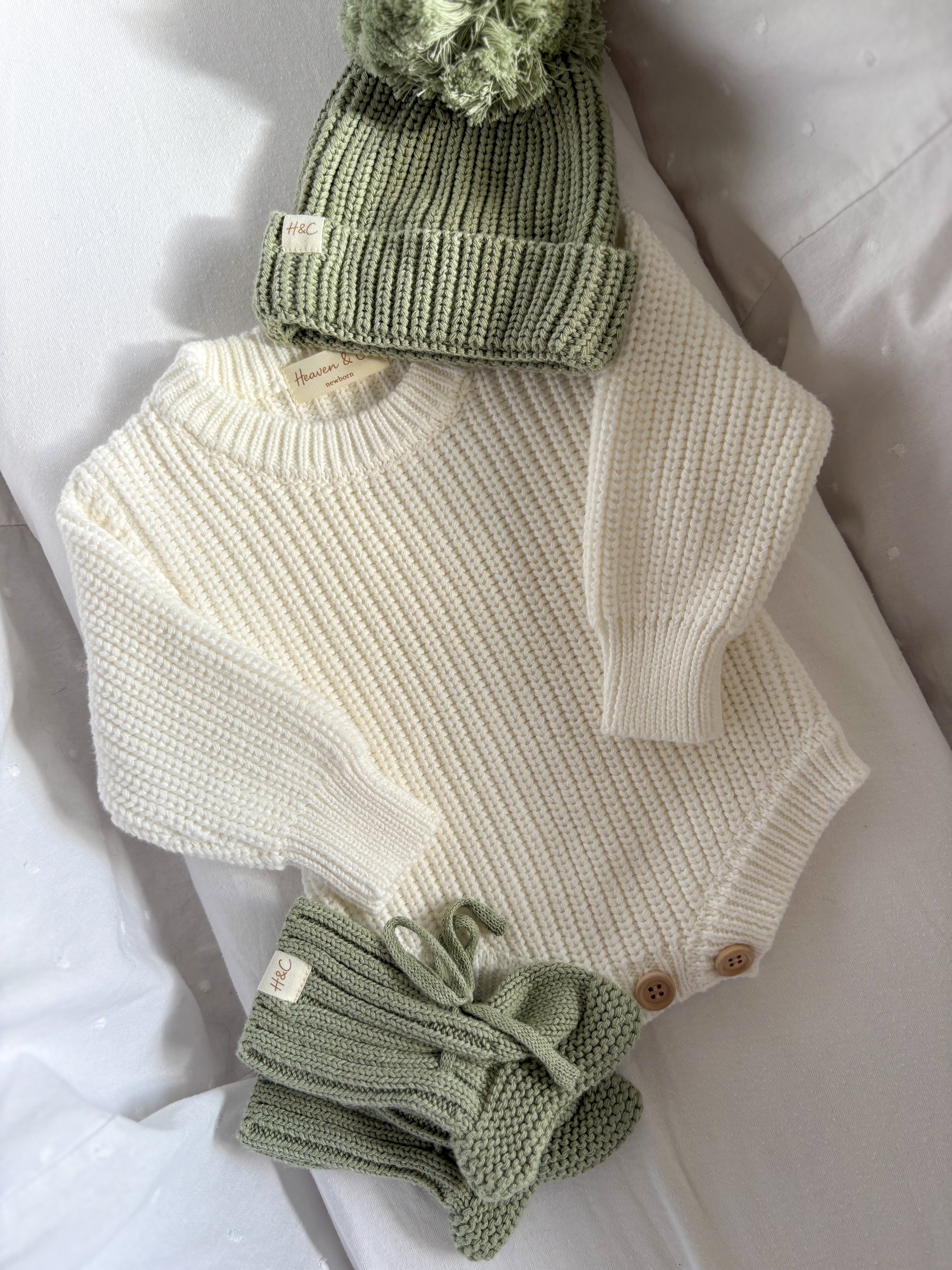 Knitted Baby Romper Set - Khaki Green