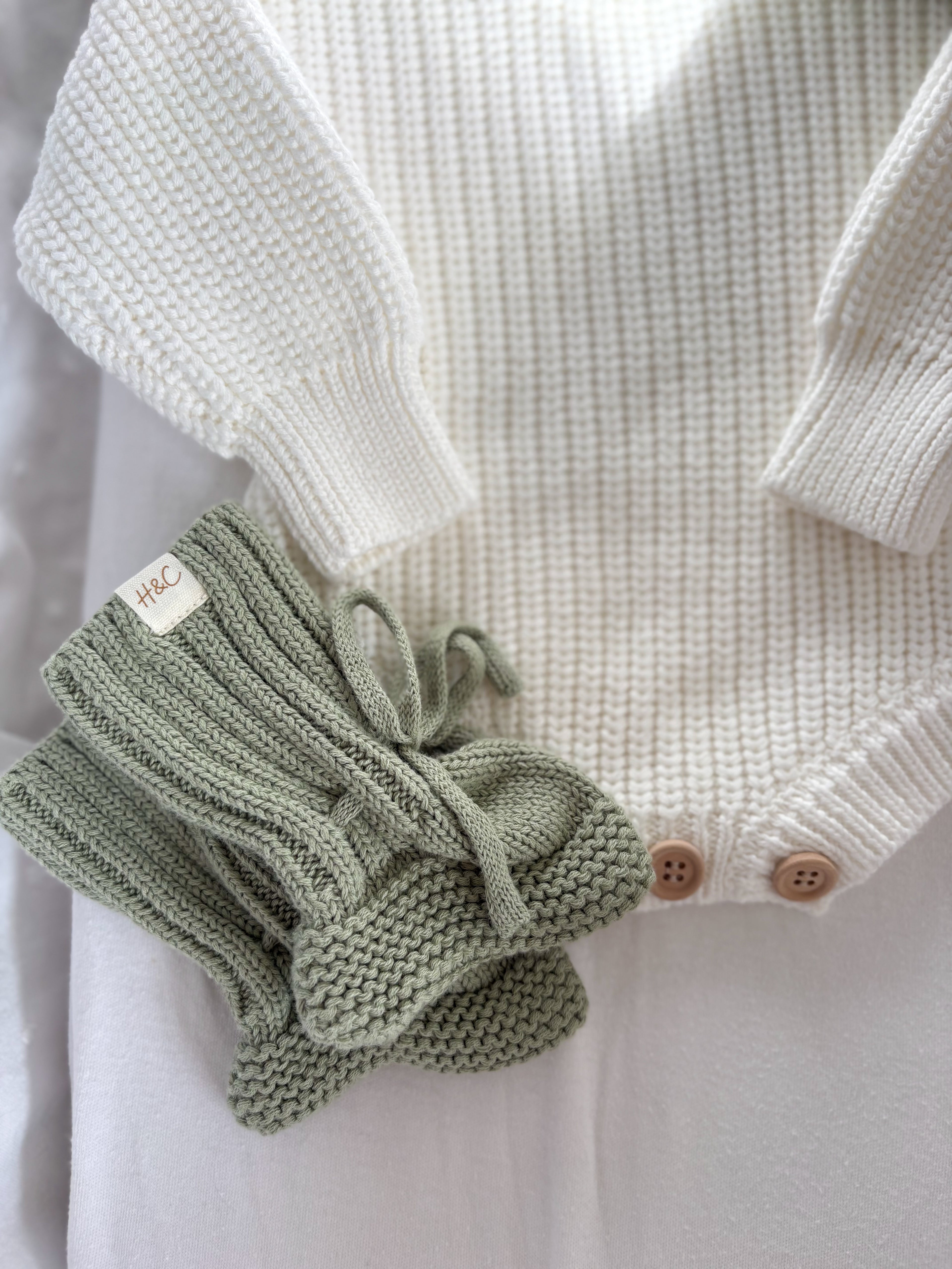 Knitted Baby Romper Set - Khaki Green