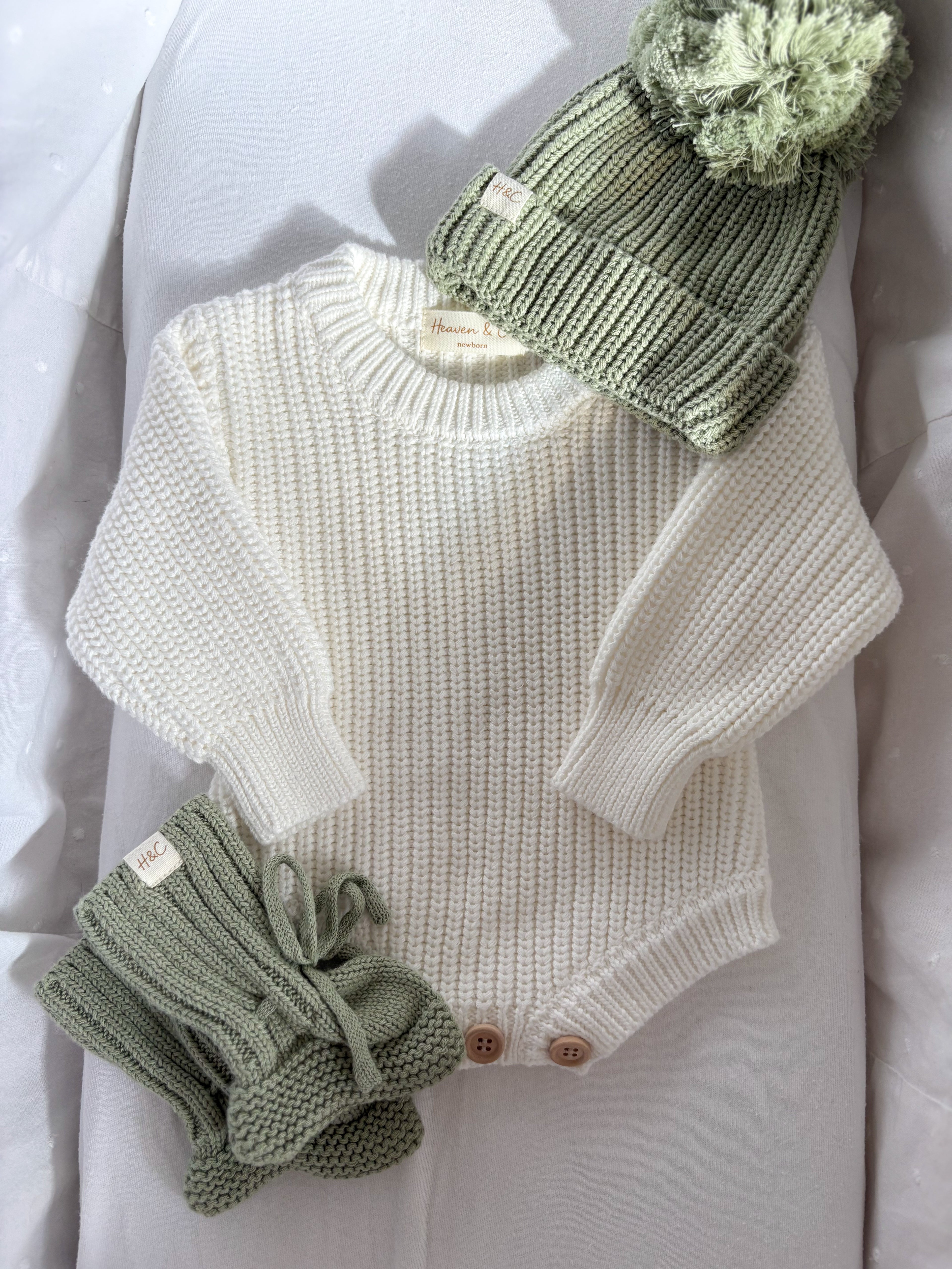 Knitted Baby Romper Set - Khaki Green